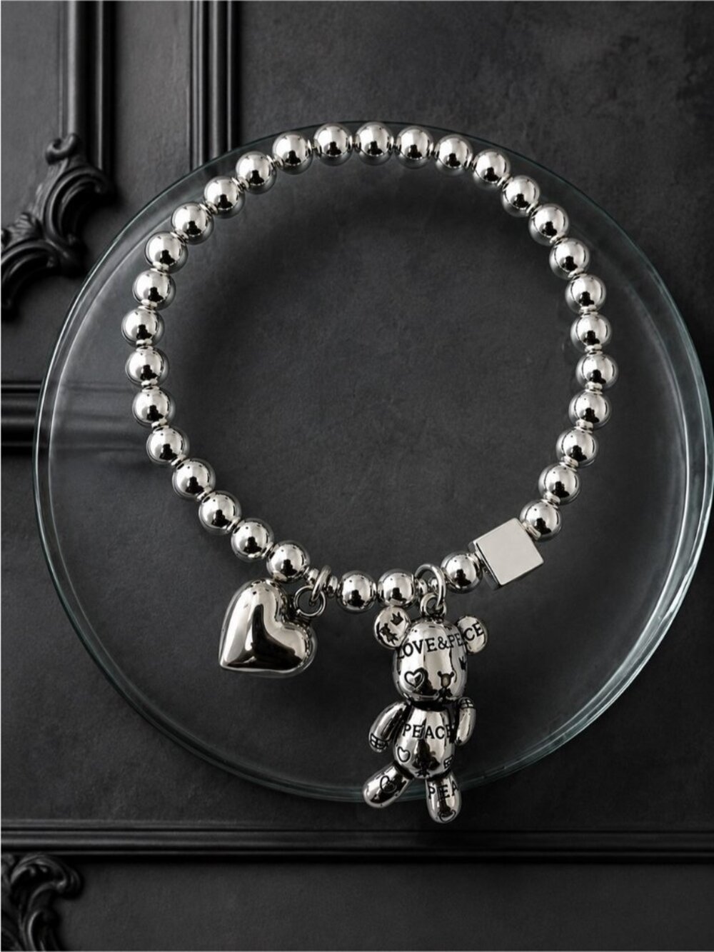 Silver Bead Bracelet with Heart & Teddy Charms